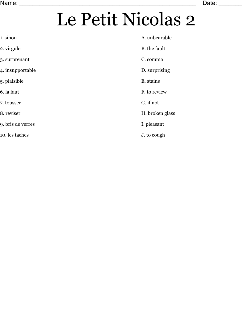 Le Petit Nicolas 2 Worksheet