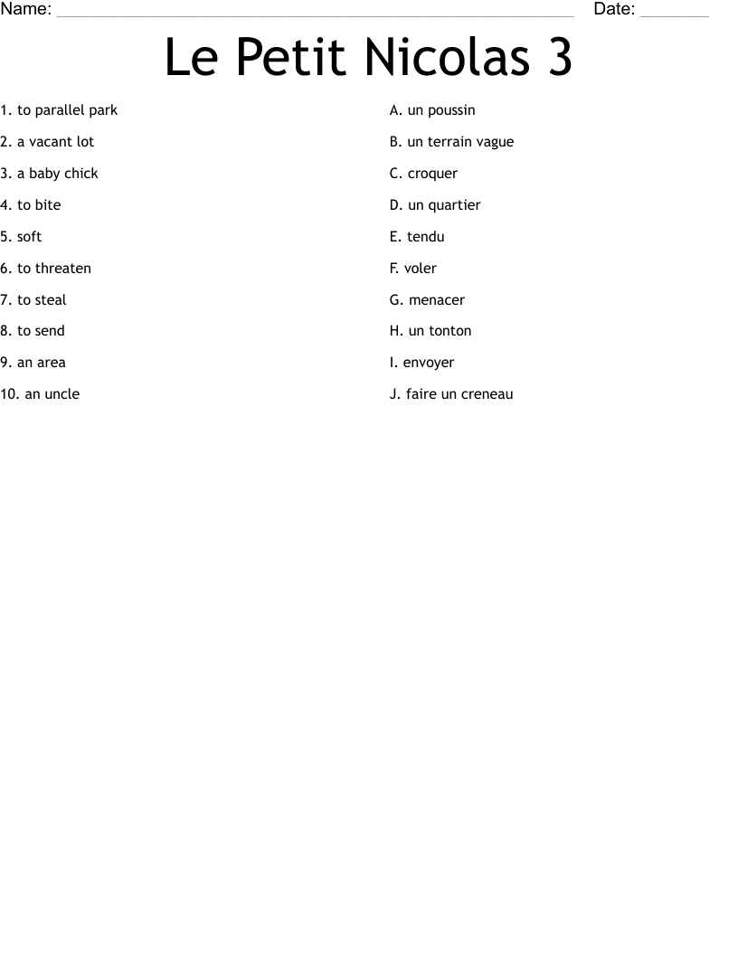 Le Petit Nicolas 3 Worksheet