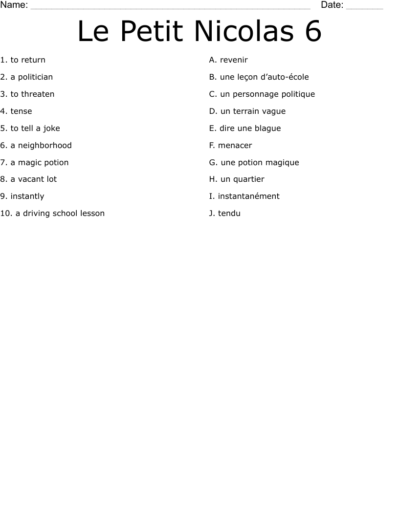 Le Petit Nicolas 6 Worksheet