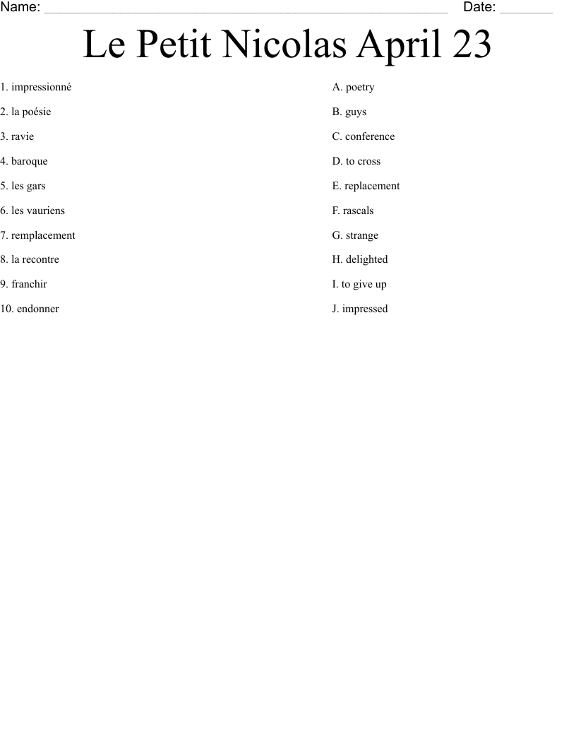 Le Petit Nicolas April 23 Worksheet