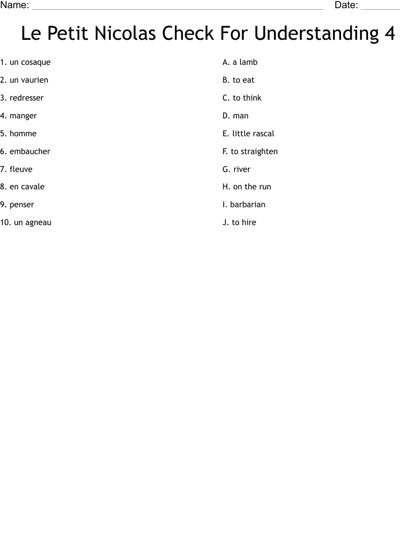 Le Petit Nicolas Check For Understanding 4 Worksheet