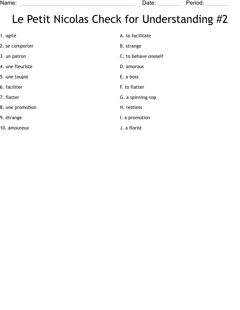 Le Petit Nicolas Check for Understanding #2 Worksheet