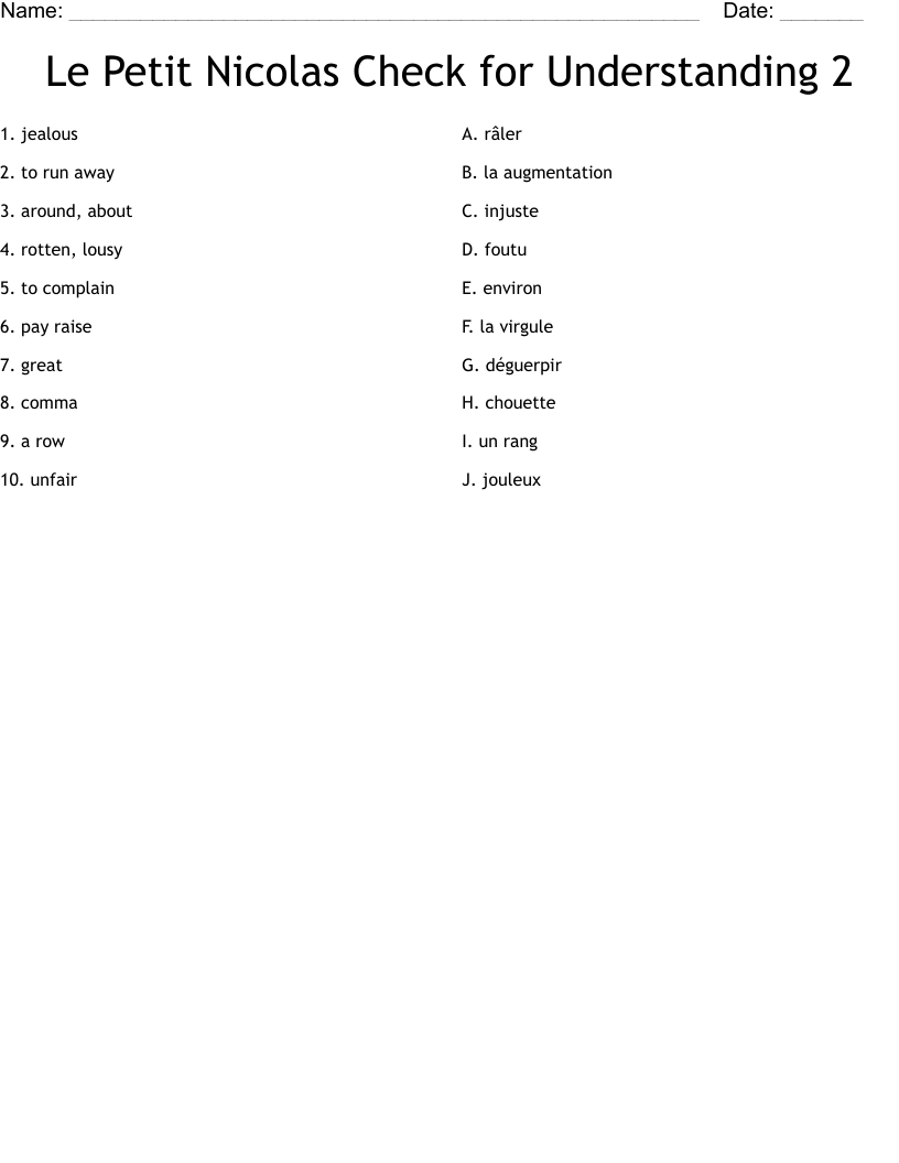 Le Petit Nicolas Check for Understanding 2 Worksheet