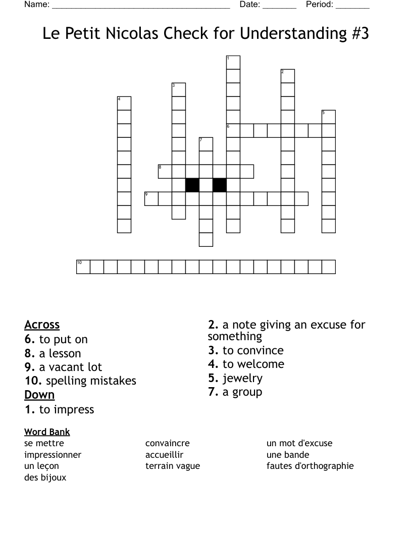 Le Petit Nicolas Check for Understanding #3 Crossword