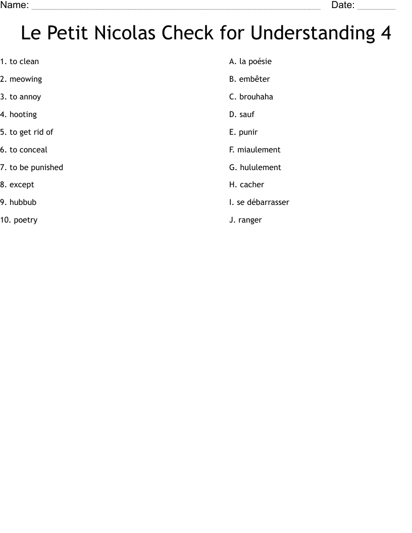 Le Petit Nicolas Check for Understanding 4 Worksheet