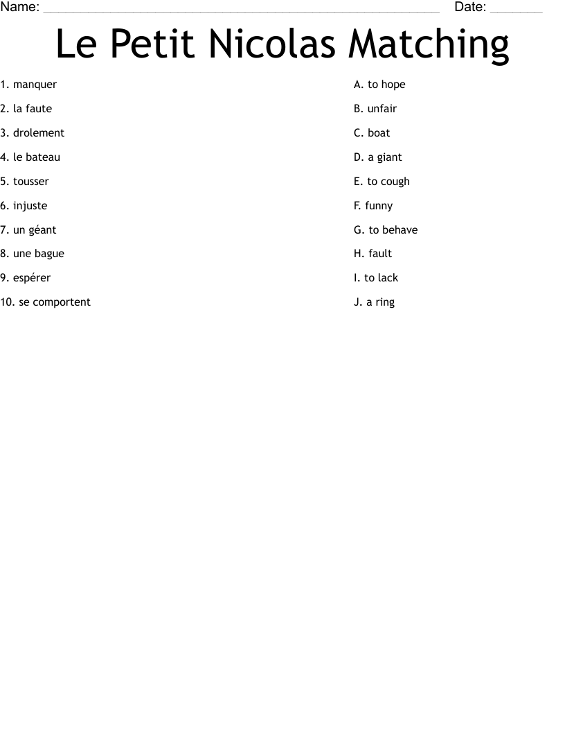 Le Petit Nicolas Matching Worksheet