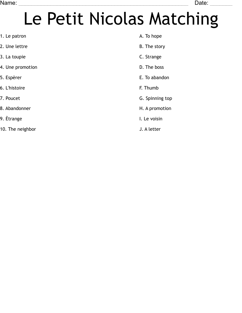 Le Petit Nicolas Matching Worksheet