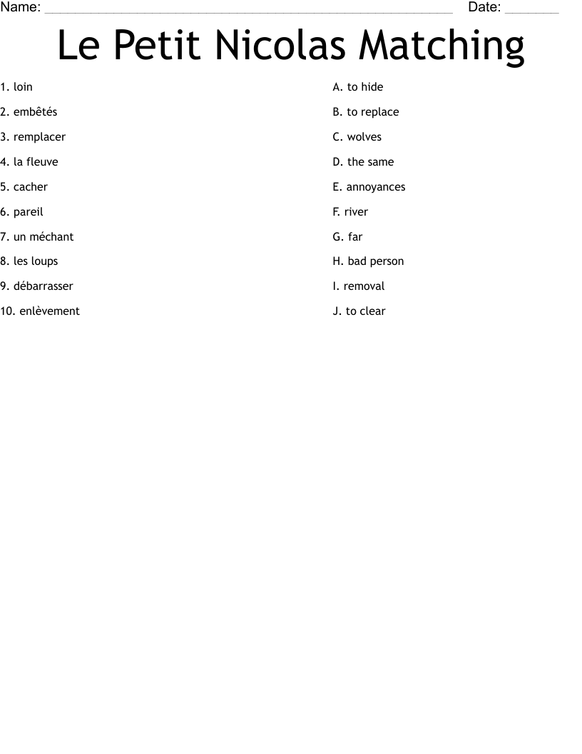 Le Petit Nicolas Matching Worksheet