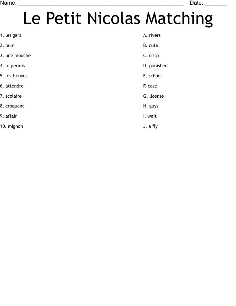 Le Petit Nicolas Matching Worksheet
