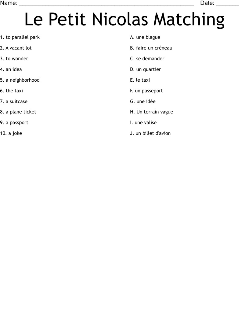 Le Petit Nicolas Matching Worksheet