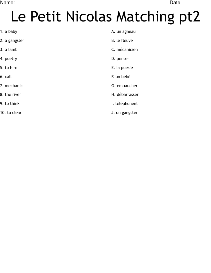 Le Petit Nicolas Matching pt2 Worksheet
