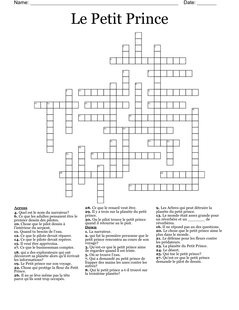 Le Petit Prince Crossword