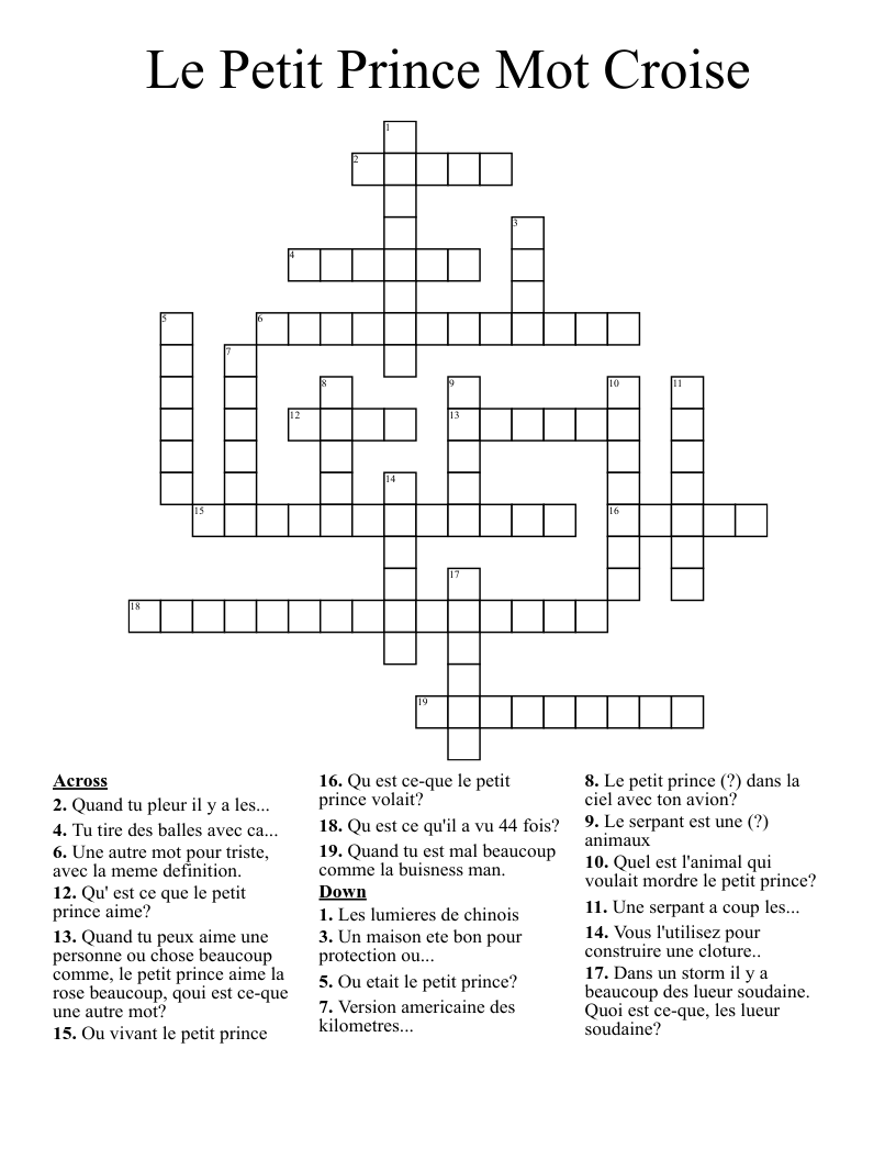 Le Petit Prince Mot Croise Crossword