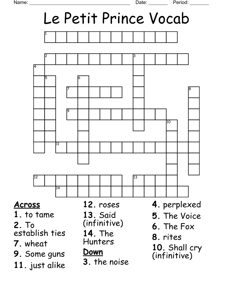 Le Petit Prince Vocab Crossword