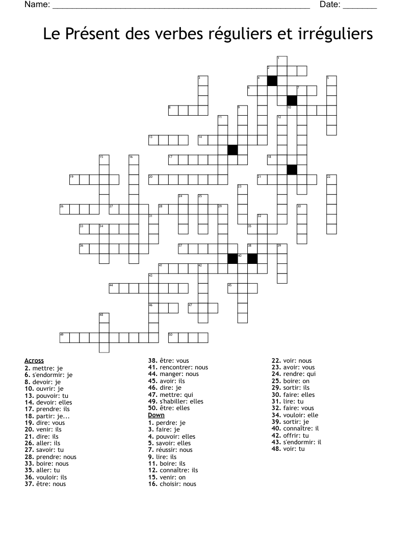 Le Présent des verbes réguliers et irréguliers Crossword