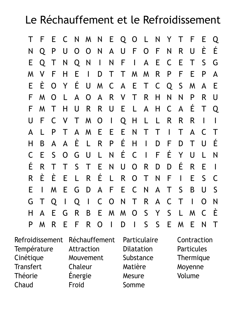 Le Réchauffement et le Refroidissement Word Search