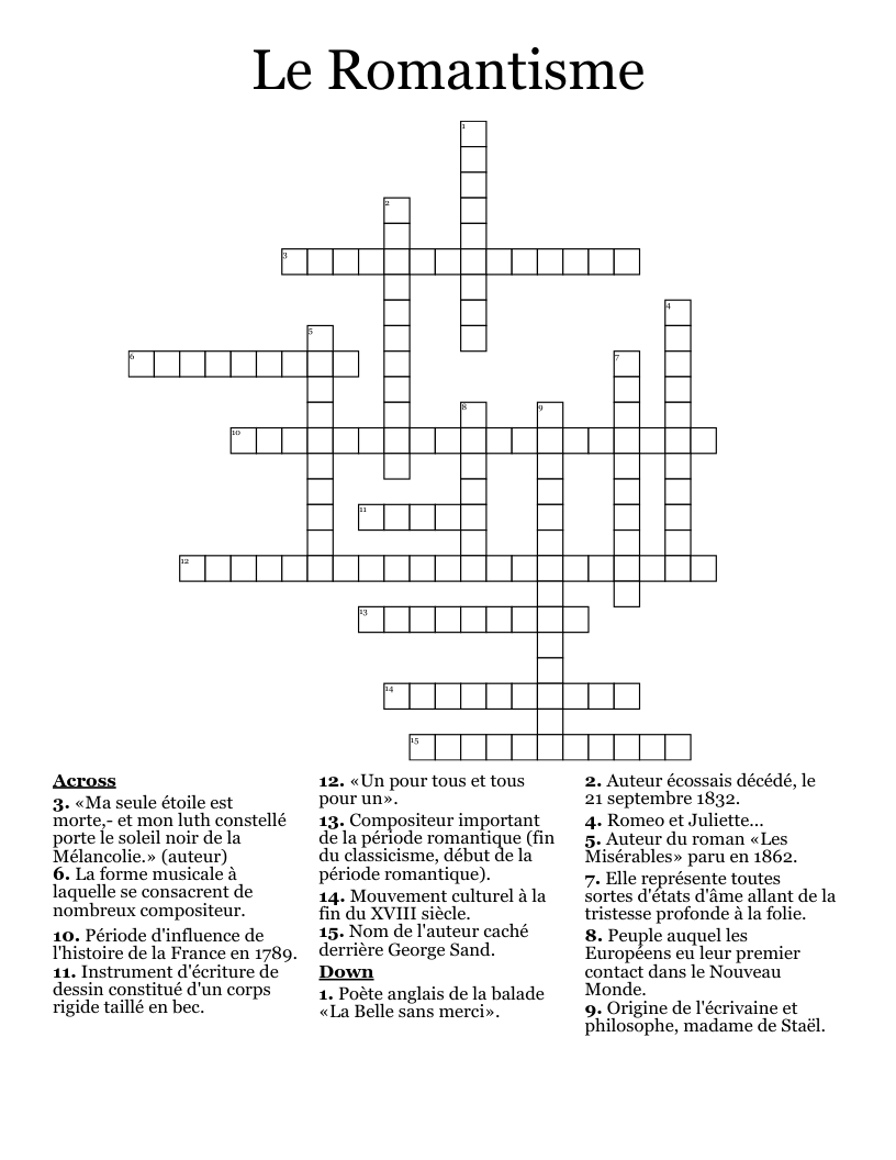 Le Romantisme Crossword