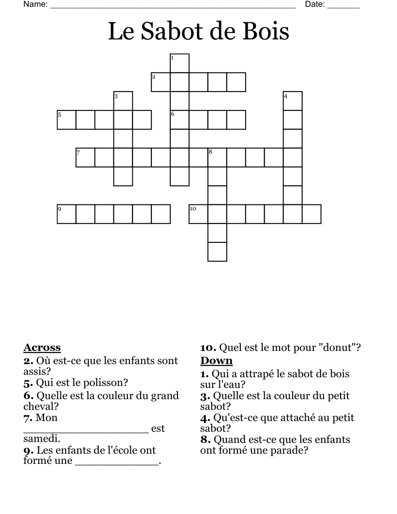 Le Sabot de Bois Crossword