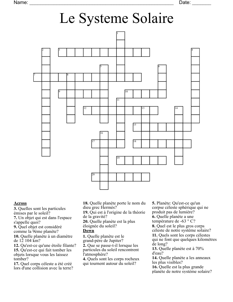 Le Systeme Solaire Crossword