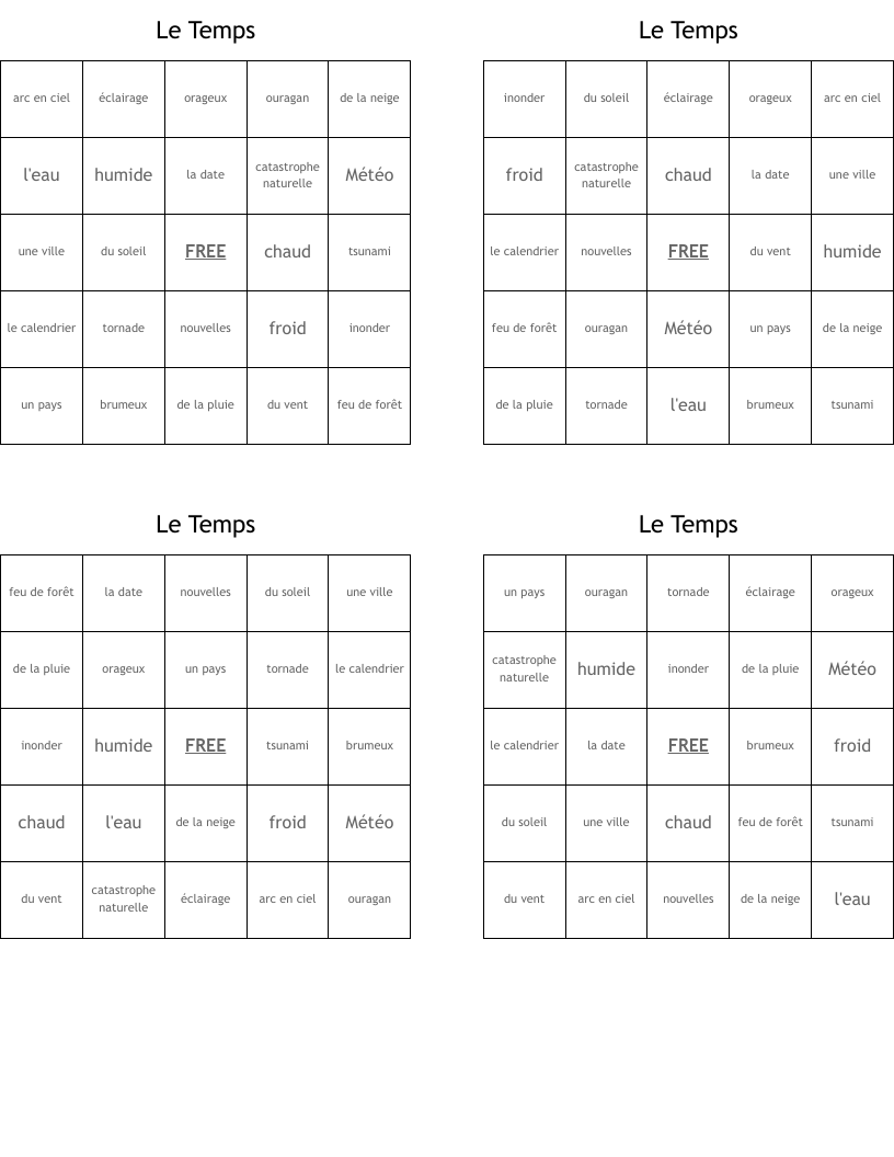 Le Temps Bingo Cards