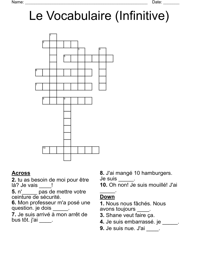 Le Vocabulaire (Infinitive) Crossword