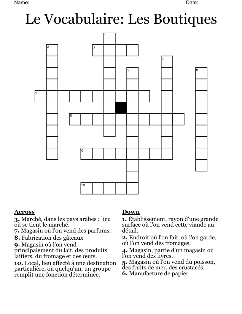 Le Vocabulaire: Les Boutiques Crossword