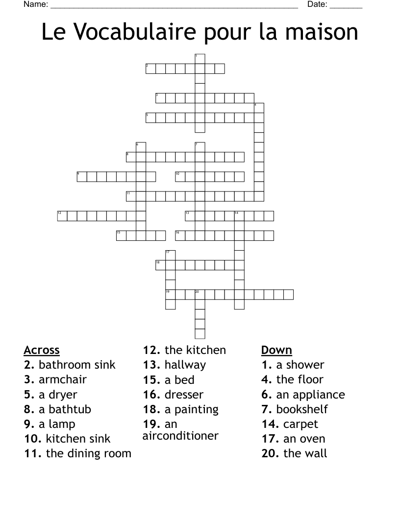 Le Vocabulaire pour la maison Crossword