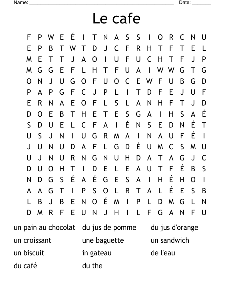 Le cafe Word Search