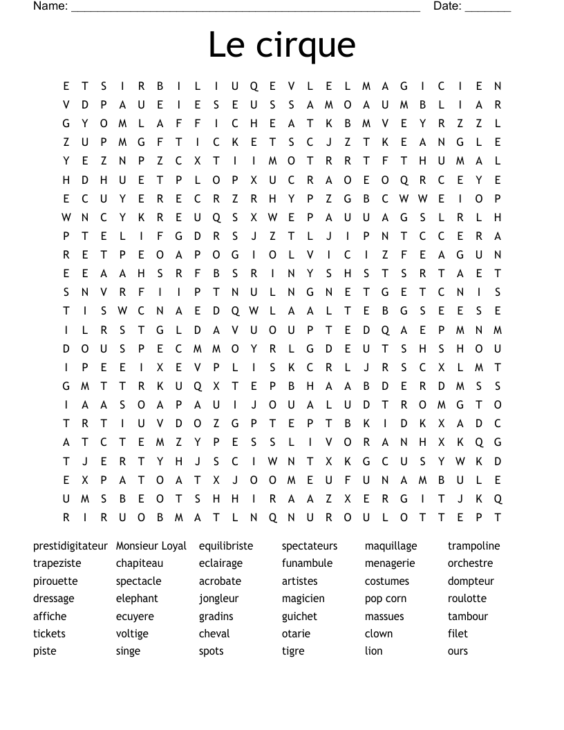 Le cirque Word Search
