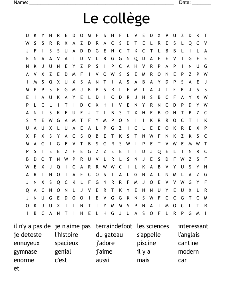 Le collège Word Search