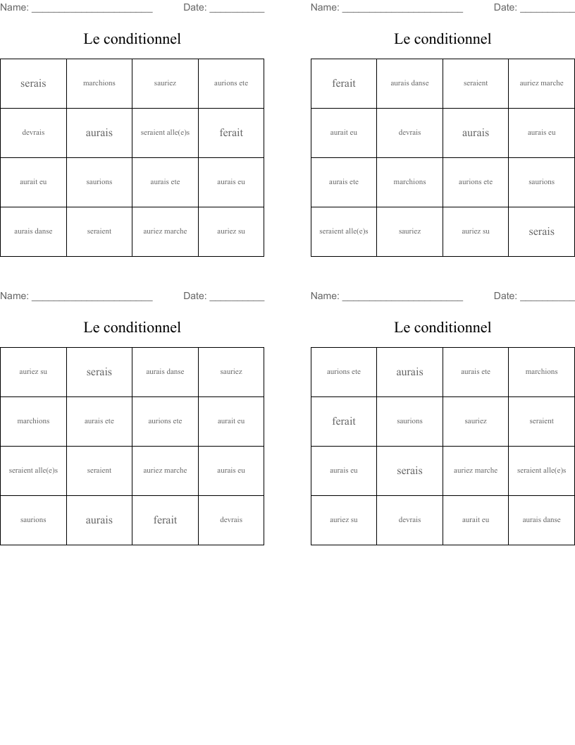 Le conditionnel Bingo Cards