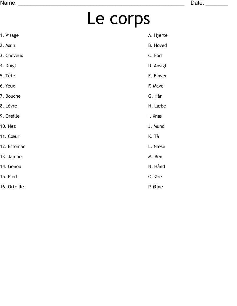 Le corps Worksheet