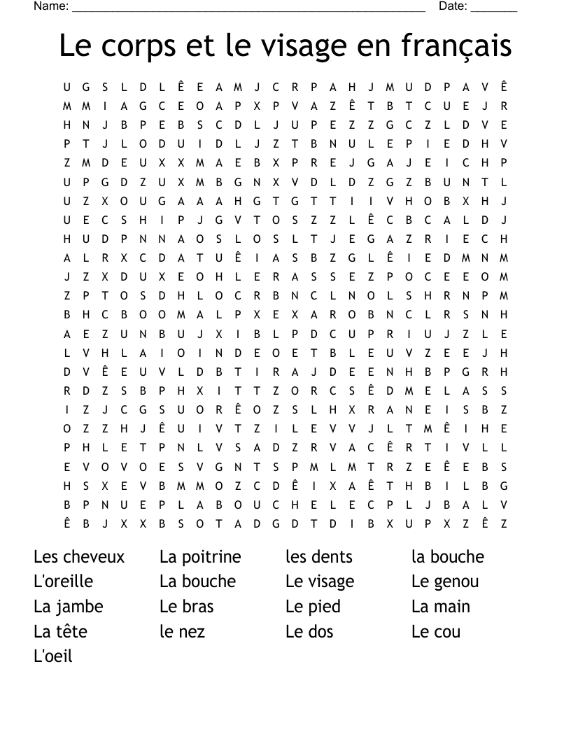 Le corps et le visage en français Word Search