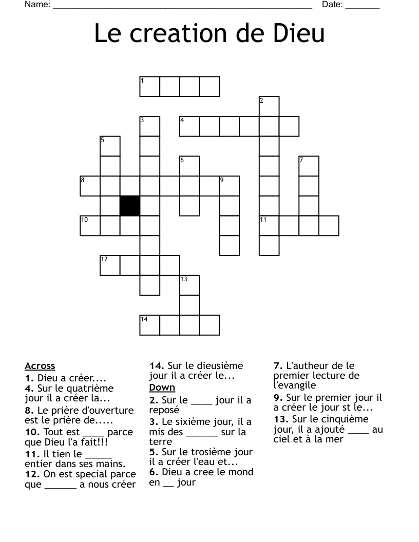 Le creation de Dieu Crossword