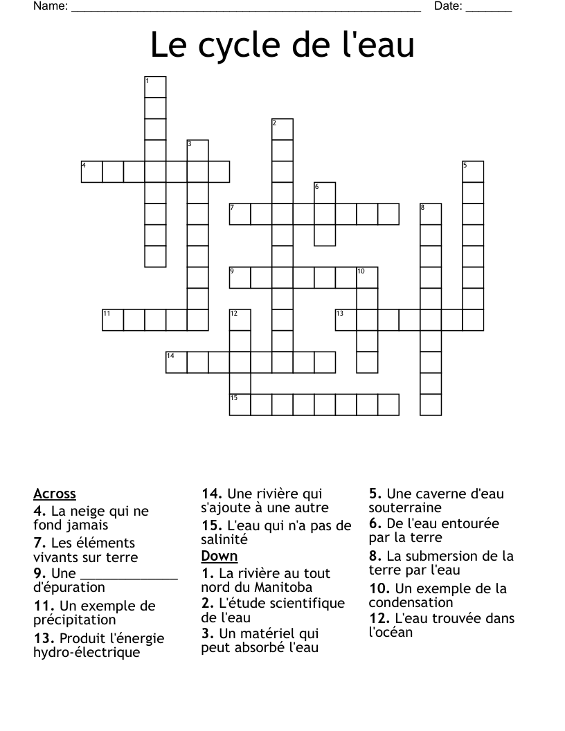 Le cycle de l'eau Crossword
