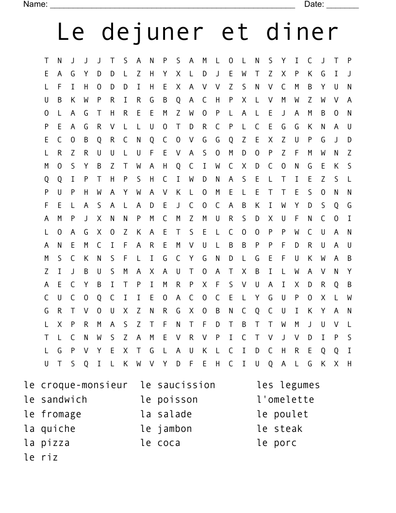 Le dejuner et diner Word Search