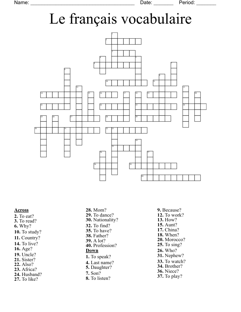 Le français vocabulaire Crossword