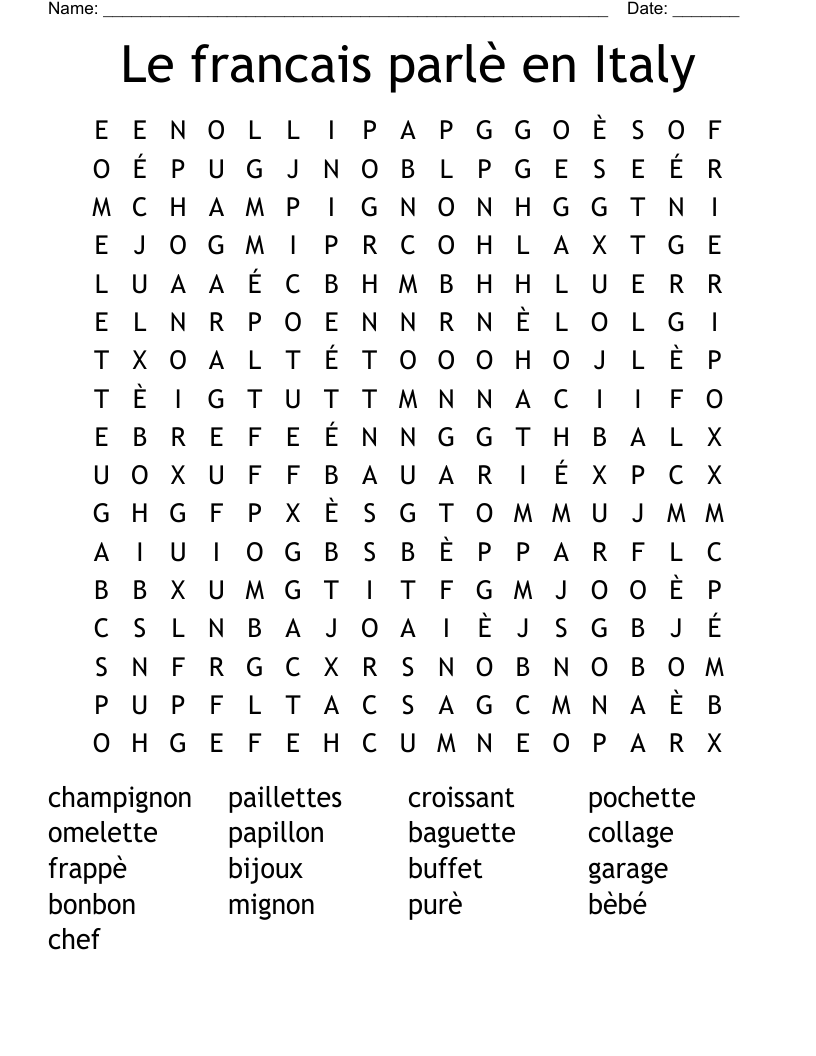 Le francais parlè en Italy Word Search