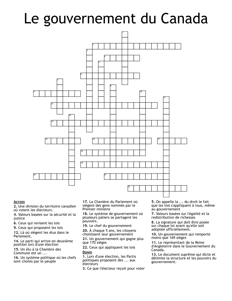 Le gouvernement du Canada Crossword
