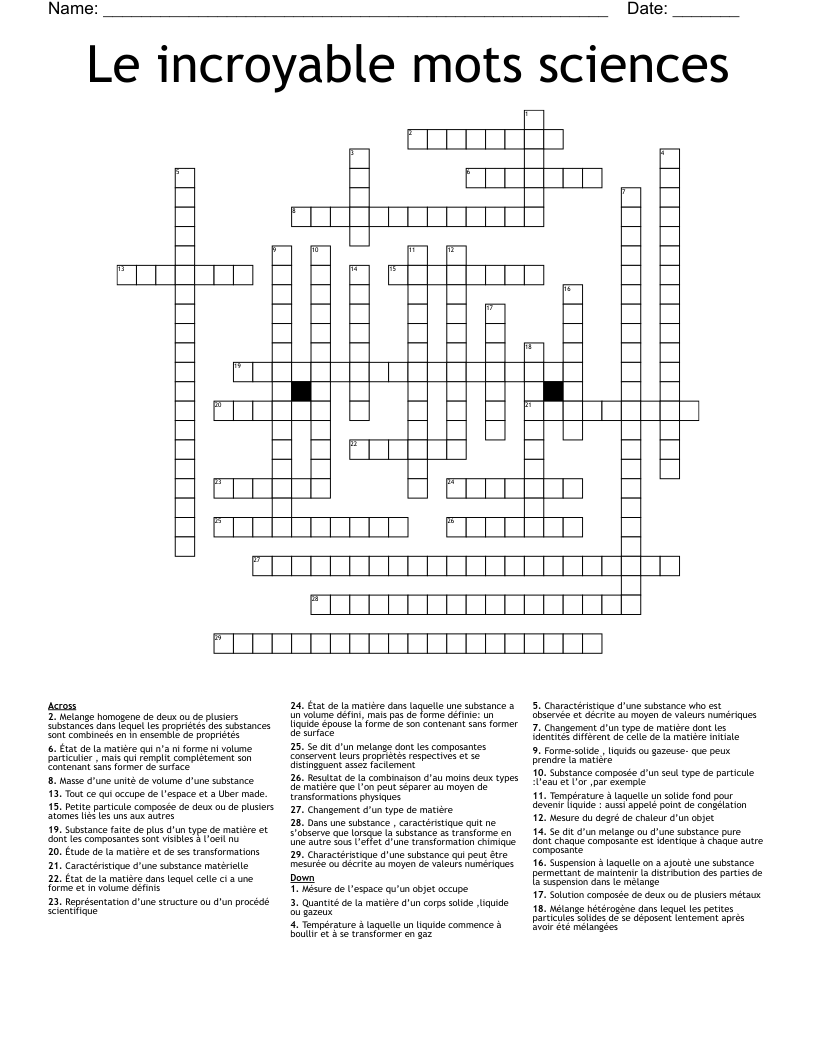 Le incroyable mots sciences Crossword