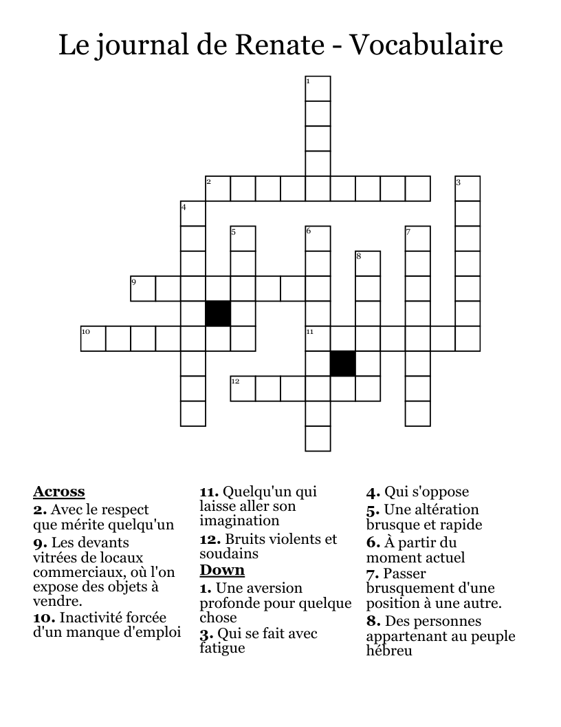 Le journal de Renate - Vocabulaire Crossword