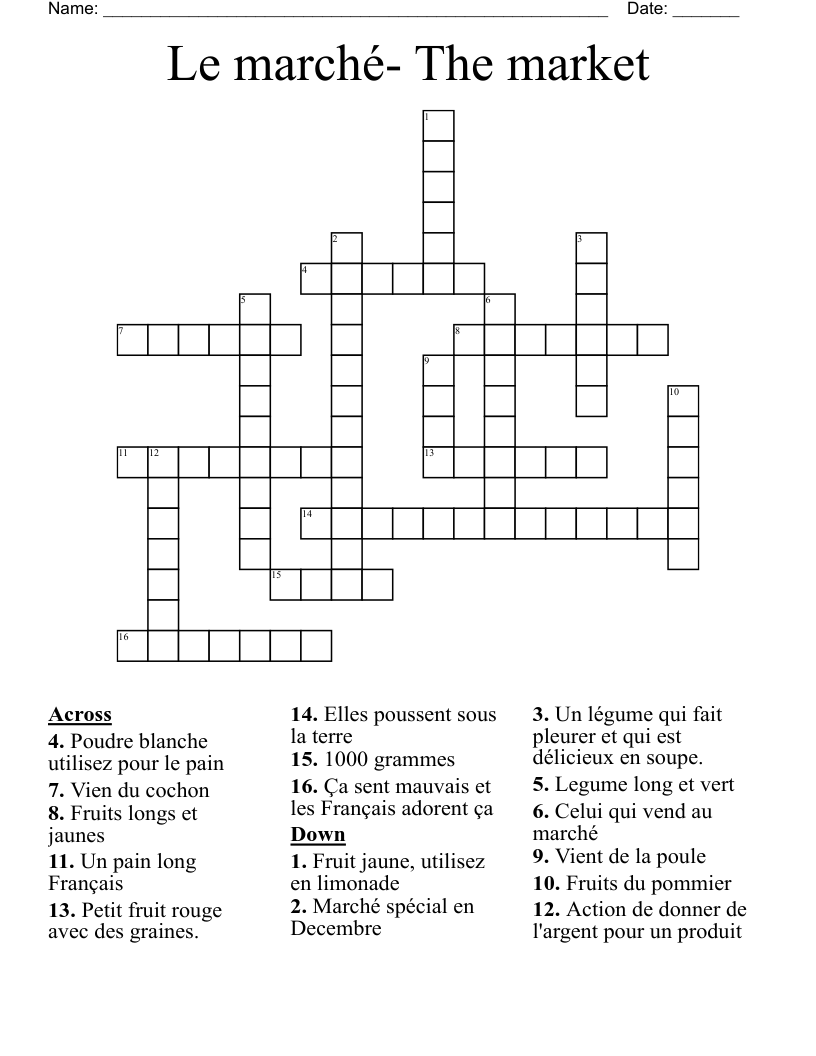 Le marché- The market Crossword