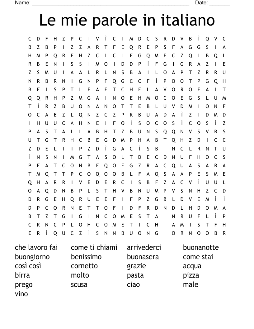 Le mie parole in italiano Word Search