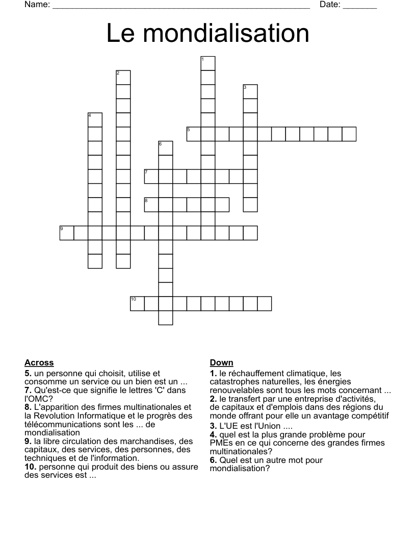 Le mondialisation Crossword