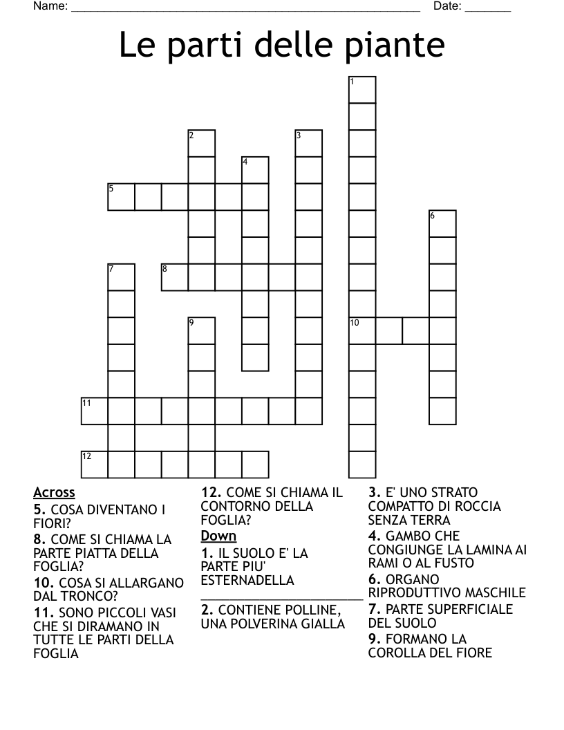 Le parti delle piante Crossword