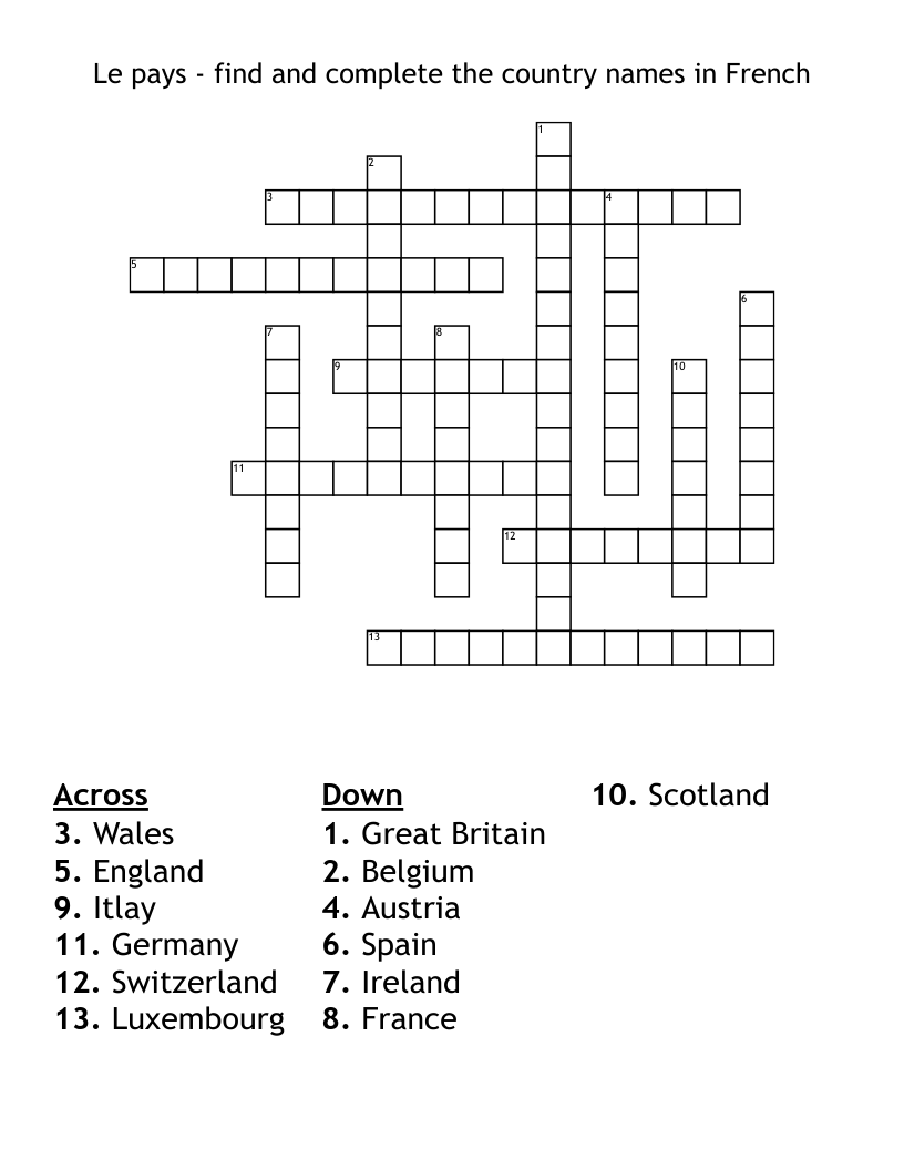 Le pays - find and complete the country names in French Crossword