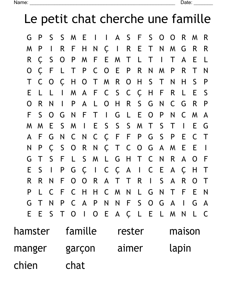 Le petit chat cherche une famille Word Search