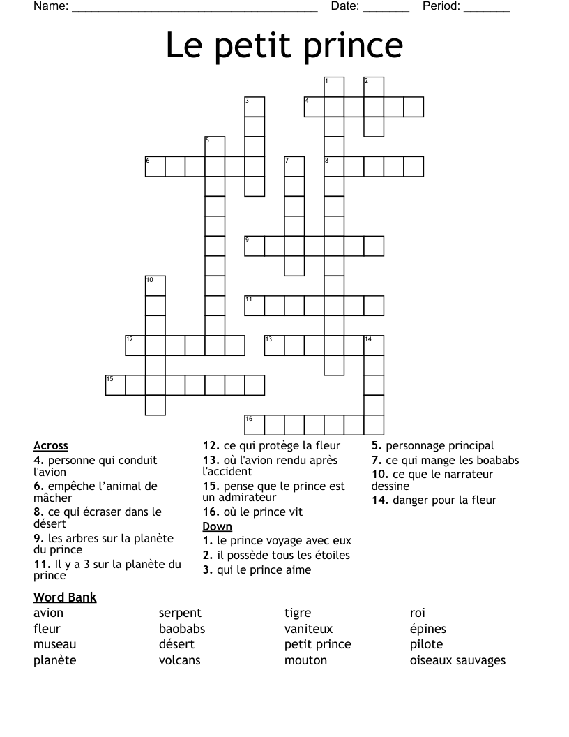 Le petit prince Crossword