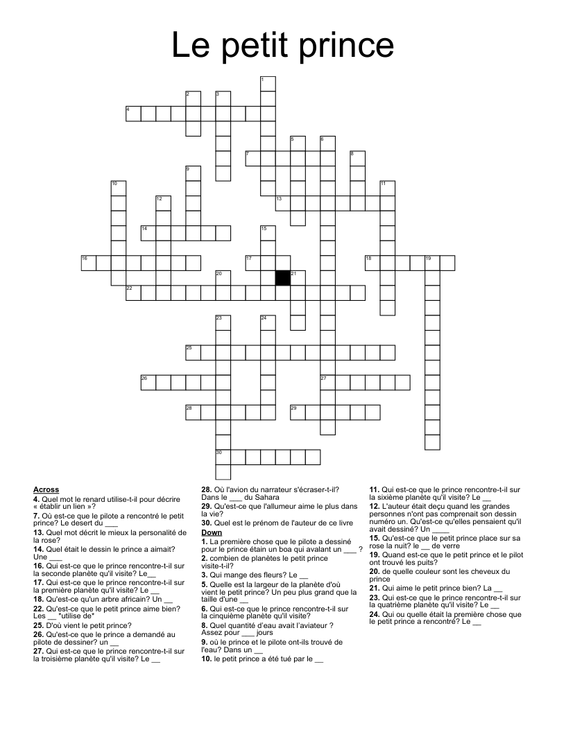 Le petit prince Crossword