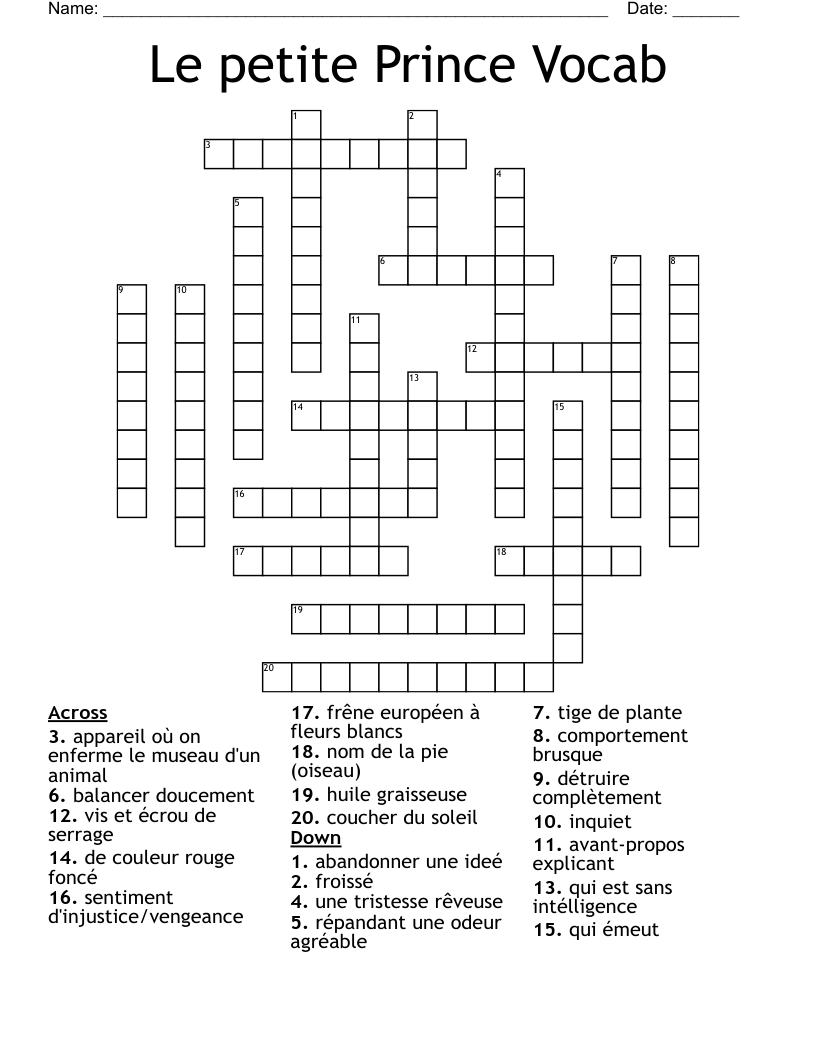 Le petite Prince Vocab Crossword